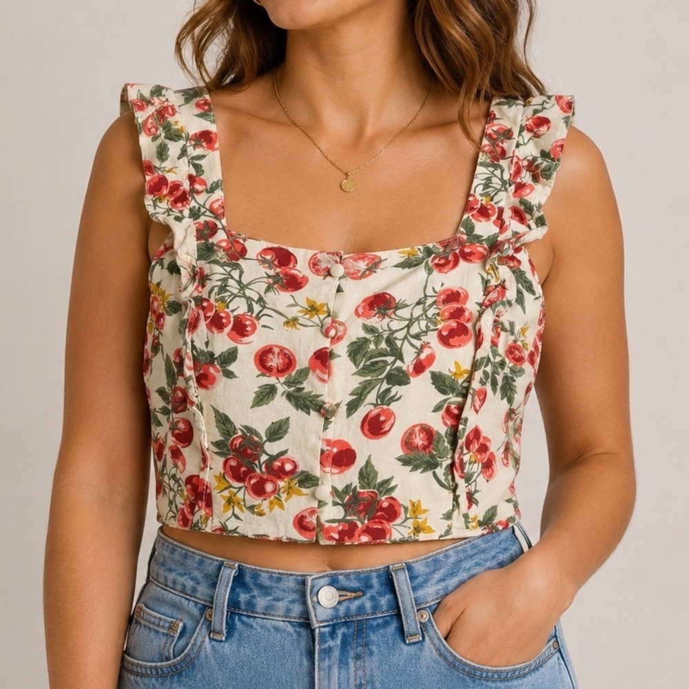 Midnight Sky Crop Top Large Tomato Print Ruffle Strap Cottagecore Linen Blend